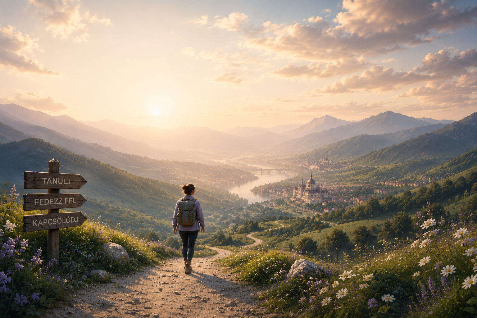 A hiker with a backpack walking a mountain trail at sunrise, overlooking a river valley and distant town, with a wooden signpost reading Tanulj, Fedezz fel, Kapcsolódj